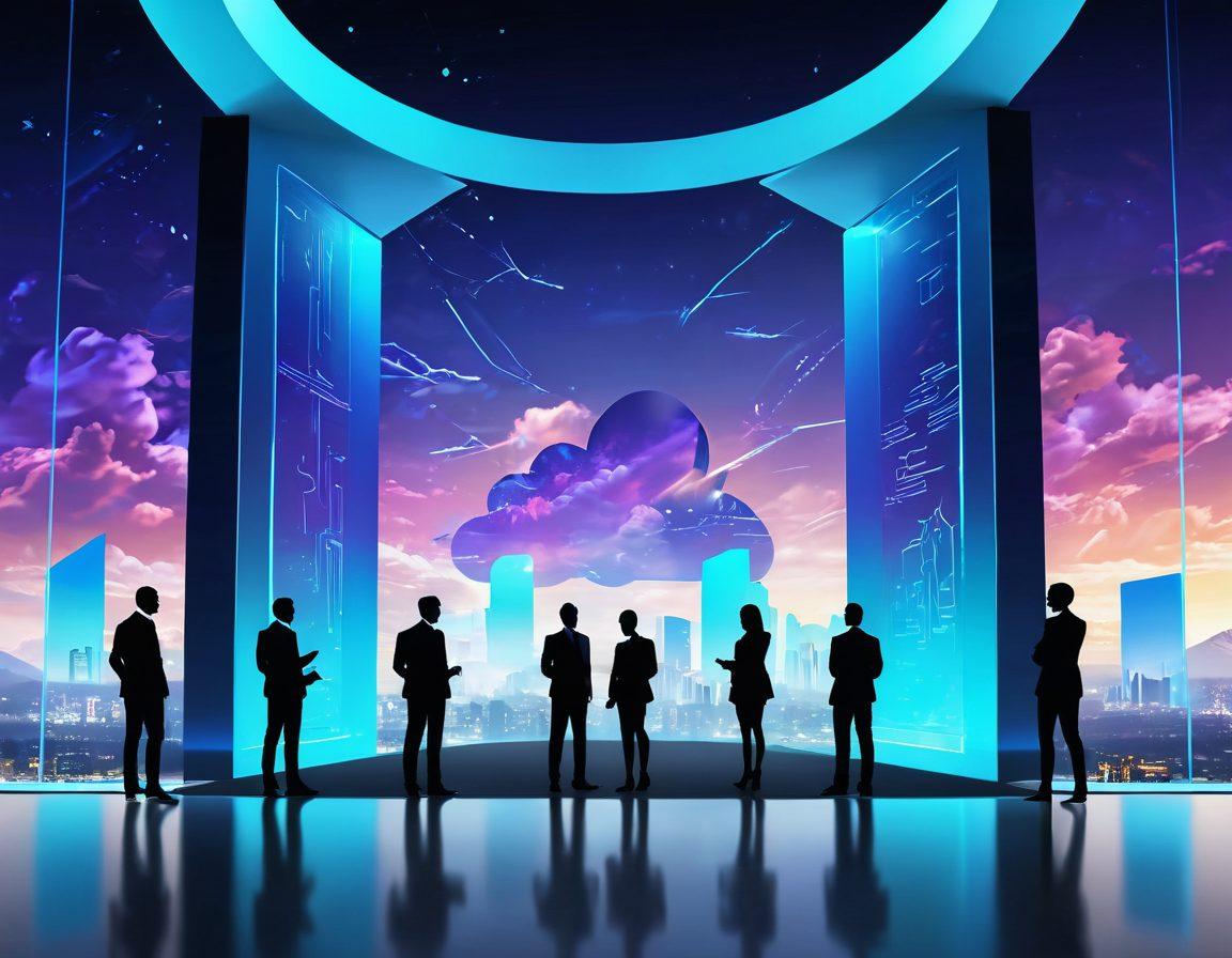 A futuristic gateway opening to a vibrant digital landscape, showcasing abstract representations of cutting-edge services like AI, cloud computing, and cybersecurity. Incorporate sleek technology elements, flowing data streams, and a bright blue color palette symbolizing innovation and excellence. Add silhouettes of diverse professionals collaborating around the gateway. super-realistic. vibrant colors. 3D.