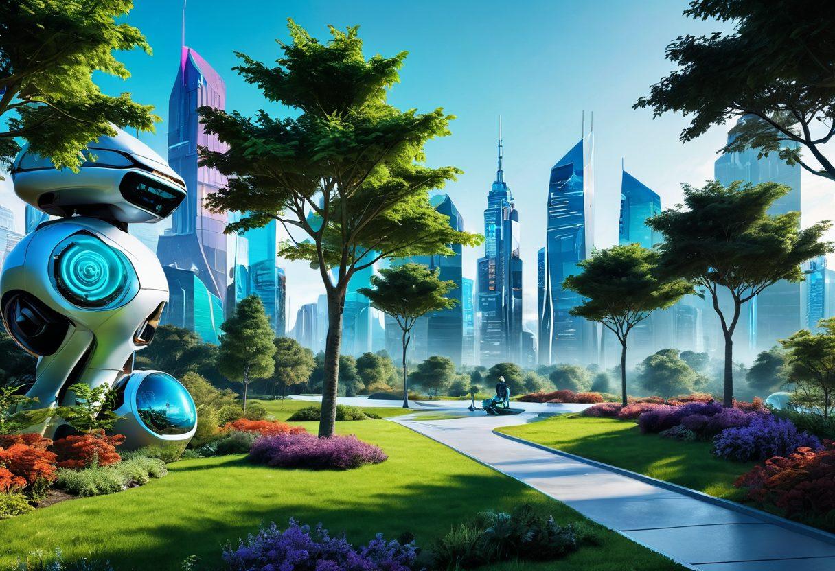 A futuristic landscape showcasing innovative technology solutions, featuring sleek robots, advanced AI interfaces, and holographic displays. The scene should exude a sense of progress and creativity, with a clear sky and vibrant colors illuminating the high-tech environment. Incorporate elements of nature harmoniously, like green parks integrated into the technological framework. This juxtaposition highlights the balance between nature and innovation. cyberpunk. vibrant colors. 3D.