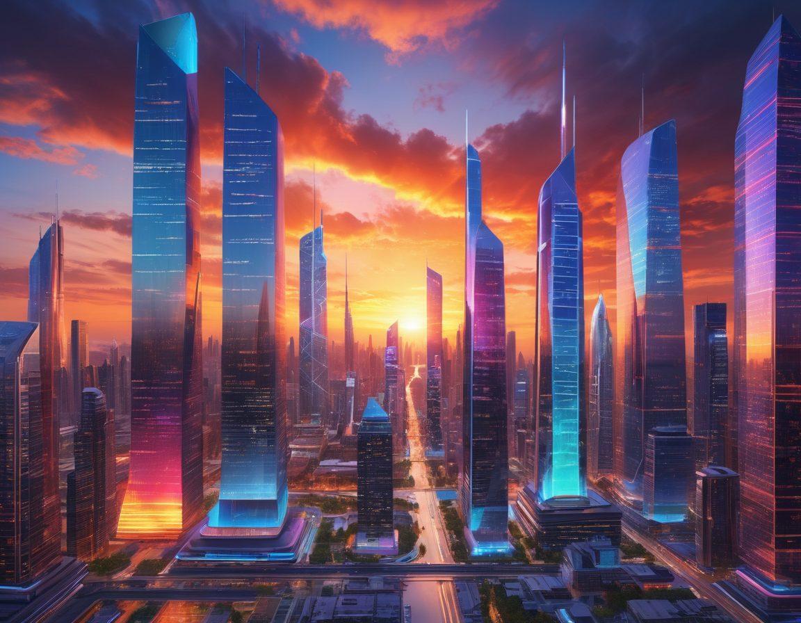 A futuristic cityscape with sleek, towering skyscrapers symbolizing innovation and technology. Incorporate elements representing empowerment, such as diverse professionals collaborating around digital devices. Include glowing circuits and holographic displays to emphasize the role of technology in shaping enterprises. The sky is ablaze with vibrant hues of sunset, suggesting a bright future. 3D. vibrant colors.